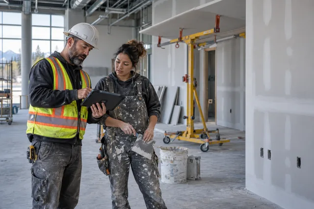 Representative construction professionals reviewing plans inside a building site.