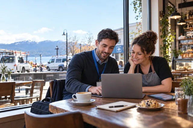 A Digital Allo consultant reviewing a website and business listing on a laptop with a local café owner.