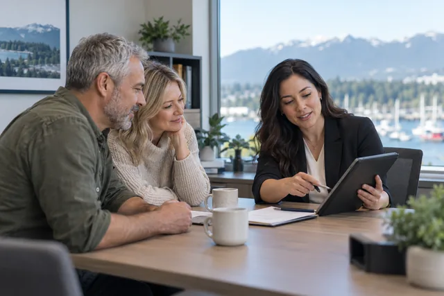 Representative insurance adviser consulting with a client in an office.