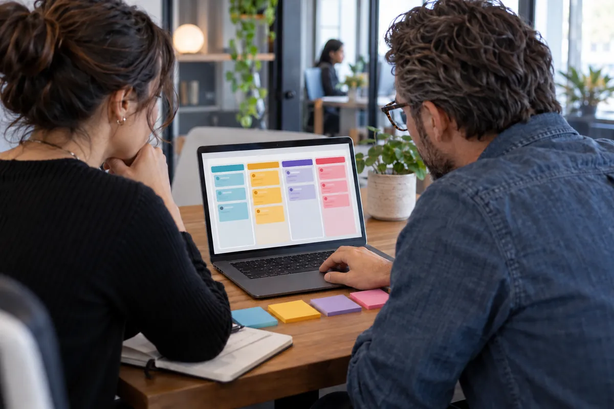 An office manager and a consultant arranging a sales pipeline on a laptop, with matching sticky notes.