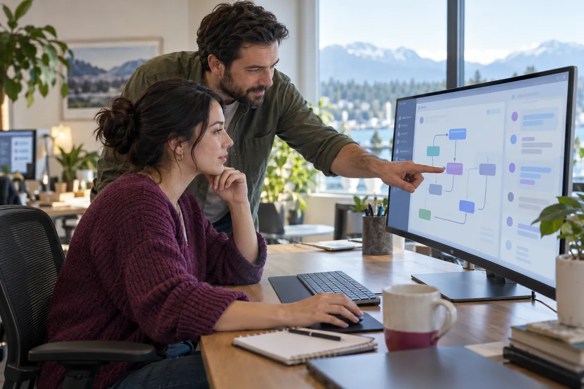 Two colleagues reviewing an automated workflow on a large monitor in a small office.