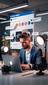 A man in a blue suit is focused on working at his laptop in a modern, well-lit office. He is surrounded by professional lighting and camera gear, suggesting a content creation setup. Behind him is a large digital screen with social media icons and notifications, symbolizing digital marketing work. The environment includes plants and sleek office decor, reflecting a creative workspace typical of a digital marketing agency in Surrey.