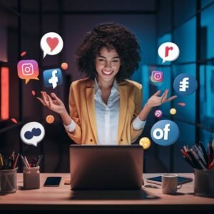 A woman smiling while managing social media icons on her laptop, symbolizing successful online marketing through multiple digital platforms.
