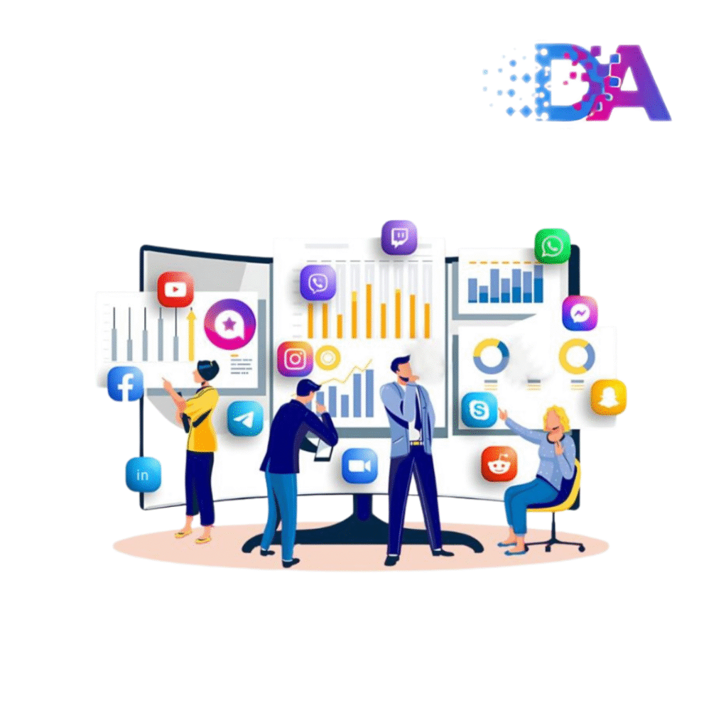 Illustration of a team analyzing social media analytics with multiple charts and icons like Facebook, Instagram, LinkedIn, and YouTube, representing a digital marketing agency in White Rock.