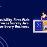 Digital Allo banner highlighting the importance of accessibility-first web design services Surrey for businesses, featuring illustrated characters working on a website interface.